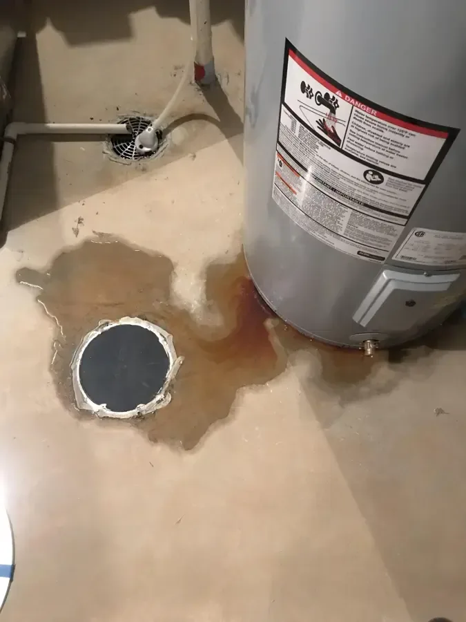 Water pooled around a water heater base beside a basement floor drain