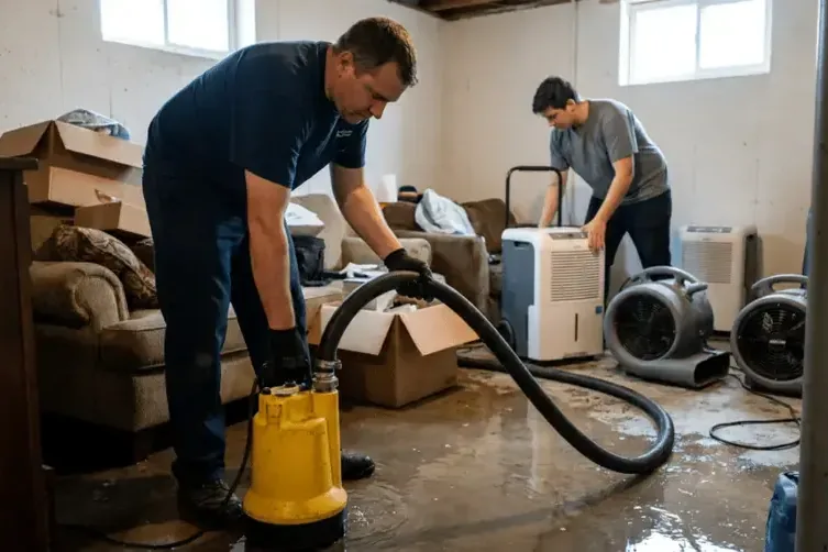 A crew extracting water while dehumidifiers run in the background