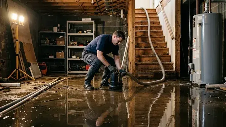A submersible pump running in a flooded basement beside the water heater
