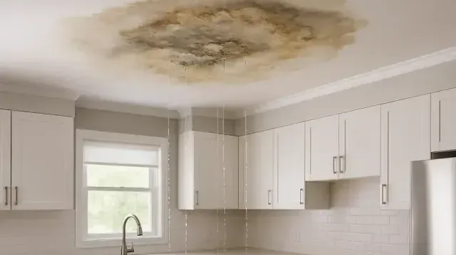 A water-stained ceiling left behind by a leak from above