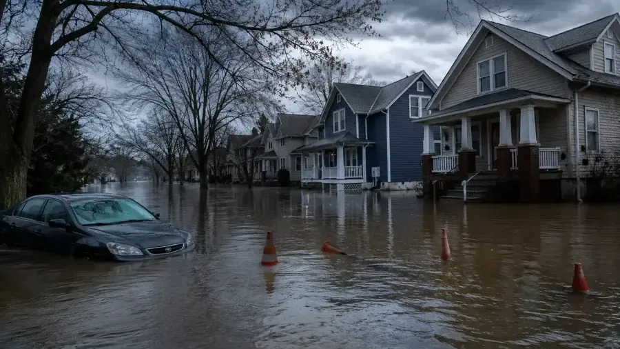 Floodwater covering a residential street lined with older houses