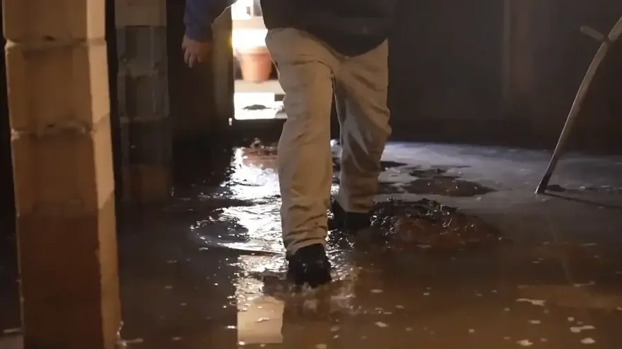 Work boots wading through basement water between wet stud walls