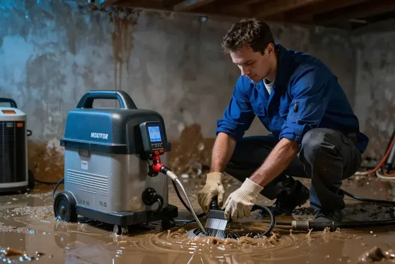 Muddy standing water being extracted from a basement floor by a technician