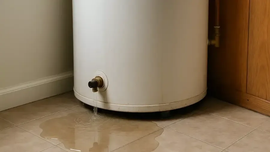 A puddle spreading across the floor around the base of a tank water heater